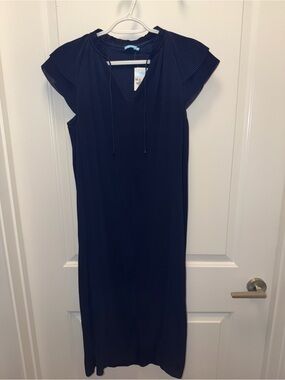 J. McLaughlin Navy Pleated Cap Sleeve Midi Dress